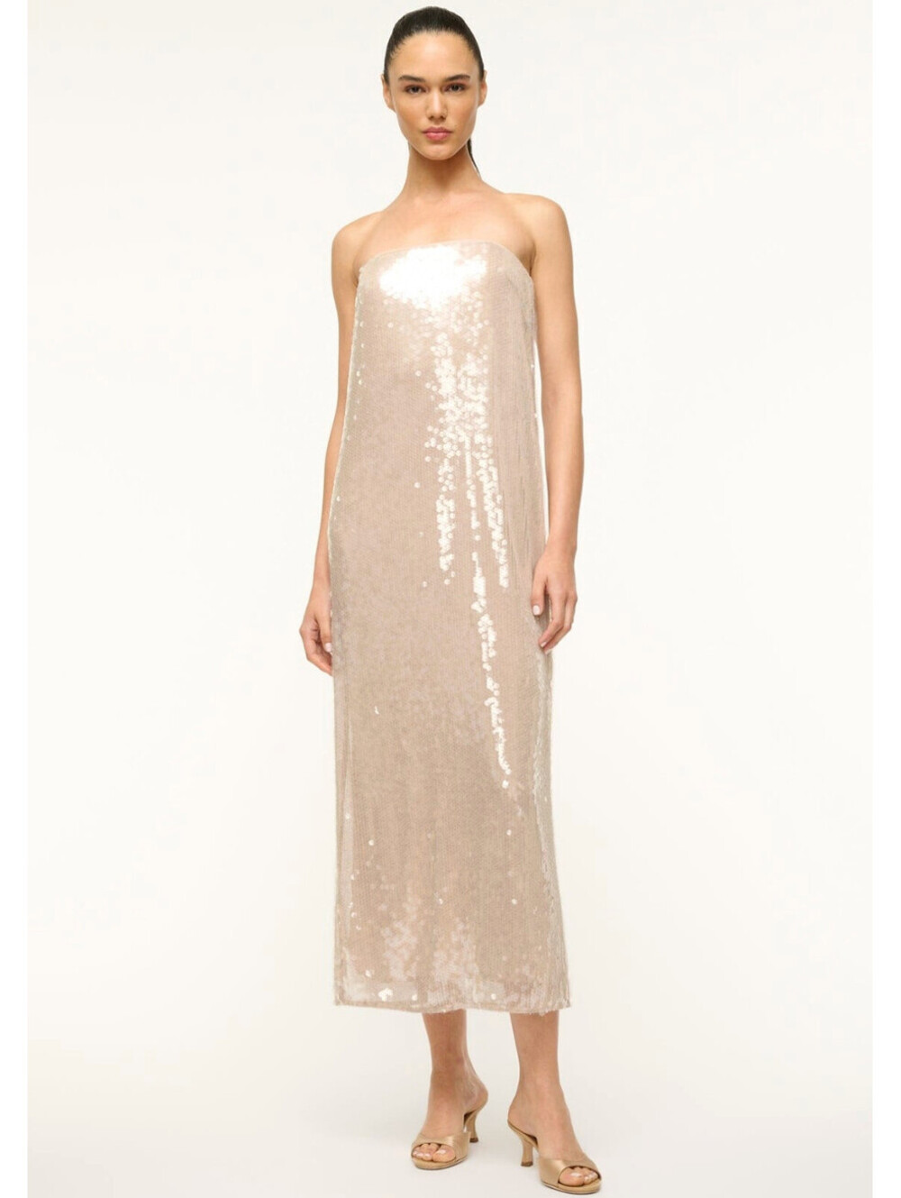 NWT $700 STAUD Casey Beaded Sequin Designer Dress Cocktail 4/small Moon Nude - Picture 2 of 10